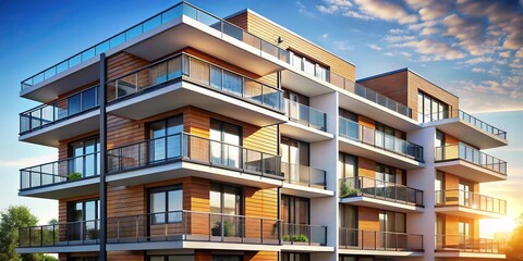 Obraz premium Modern apartment building with tilted angle windows and balcony