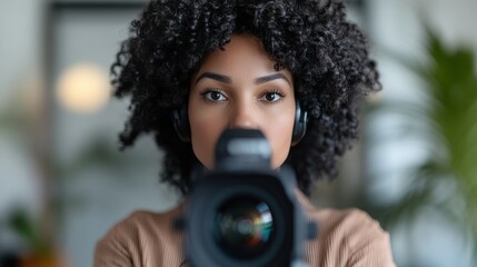 A woman with curly hair wearing headphones, focused intensely on the camera, set in a lively environment, exemplifying dedication and artistic vision.