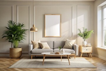 Minimalistic Living Room with Large White Framed Picture Mockup for Interior Design Inspiration