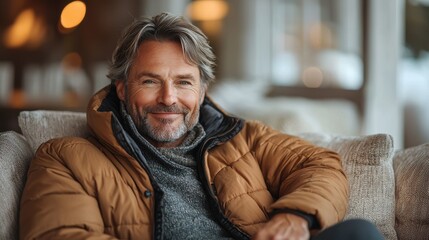 Fototapeta premium A middle-aged man relaxing indoors in a cozy atmosphere wearing a warm jacket, smiling contentedly during winter