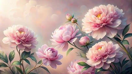 painting of peony flowers with petals transitioning from light pink