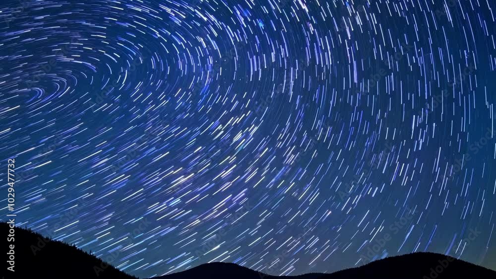 Poster Long exposure showing the apparent motion of the stars in the sky as bright streaks forming concentric circles centered on the north celestial pole