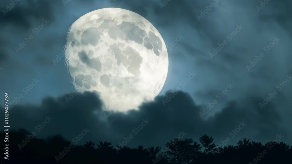 Poster bright full moon is rising behind silhouettes of trees at night, with clouds passing in front of it 