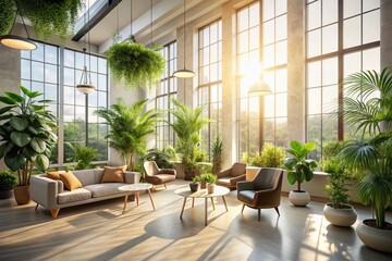 Fototapeta premium Minimalist Interior Design with Sunbeams and Greenery – A Serene Space Full of Light and Life