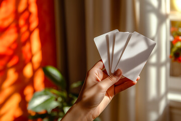 A woman's hand holds white paper cards with space to write on them