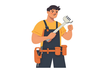 Obraz premium a plumber holding a wrench and a pipe, wearing overalls, isolated on a white background