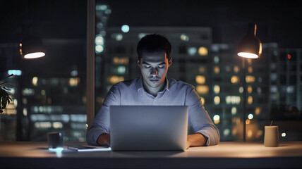 person with laptop in the room on night city background in window