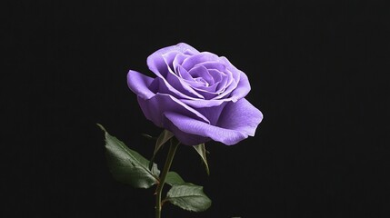 Fototapeta premium A purple rose on a green leafy plant against a black backdrop with a green stem
