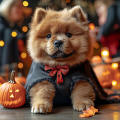 Spitz puppy in a Halloween outfit and a pumpkin with a grimace