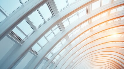 Obraz premium A futuristic, sweeping glass ceiling in a modern architectural space, allowing warm sunlight to filter through, enhancing the sense of openness, innovation, and harmony.