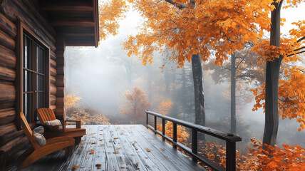 autumn in a foggy park with yellow leaves