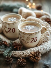 Cosy coffee cups with text 20 and 25 in warm, twinkling holiday lights for 2025 festivities