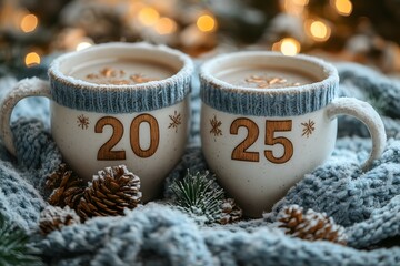 Cosy coffee cups with text 20 and 25 in warm, twinkling holiday lights for 2025 festivities