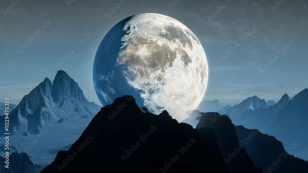 Poster giant, alien moon rises over a mountain range on a distant planet, creating an eerie scene with long