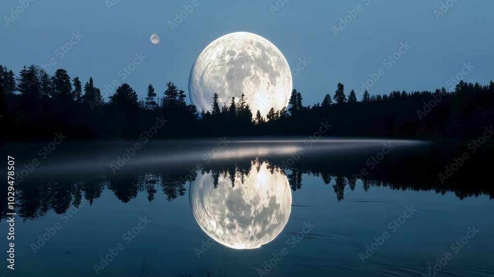 Poster breathtaking view of a large full moon rising over a serene lake, its ethereal glow reflected perfec