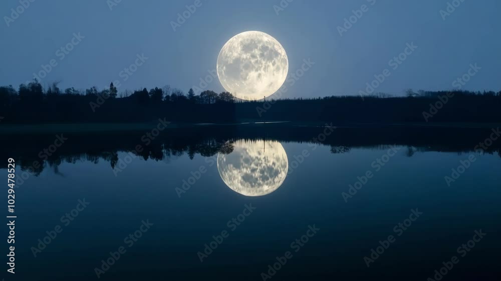 Poster breathtaking supermoon rising over a tranquil lake, casting an ethereal glow on the water and creati