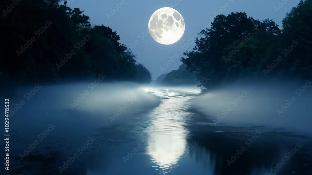 Aufkleber Misty river is flowing through the forest at night with a full moon shining brightly in the sky. The moon is reflecting on the water surface