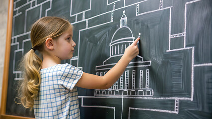 A girl child learning about government structures from diagrams on the blackboard in civics class