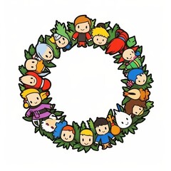 Naklejka premium Colorful cartoon characters form a circular wreath against a white background.