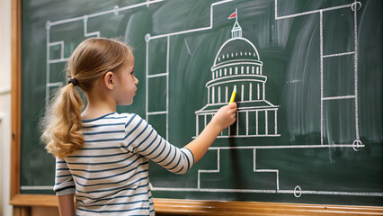 A girl child learning about government structures from diagrams on the blackboard in civics class