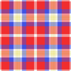Lined tartan fabric check, line vector plaid pattern. October textile seamless background texture in red and blue colors.