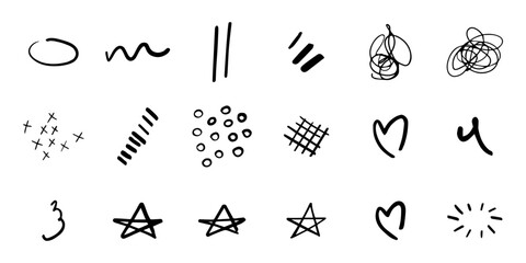Set of trendy doodle and abstract random icons on isolated background. Big element collection, unusual organic shapes in freehand style.