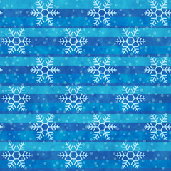 Christmas watercolor background with snowflakes, dots and blue stripes. Winter seamless pattern with white snow flakes, blue lines and watercolor texture, vector abstract illustration