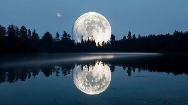 Breathtaking view of a large full moon rising over a serene lake, its ethereal glow reflected perfectly on the water's surface, creating a mesmerizing spectacle