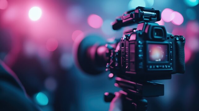 A professional camera setup is ready to capture vibrant moments, blending technology and art in a scene of bright, colorful lights and dynamic environments.