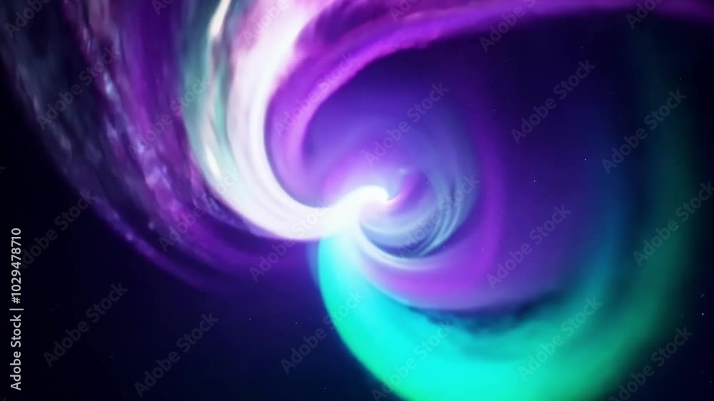 Poster green and purple clouds of gas swirl together in the darkness of outer space, illuminated by a brigh