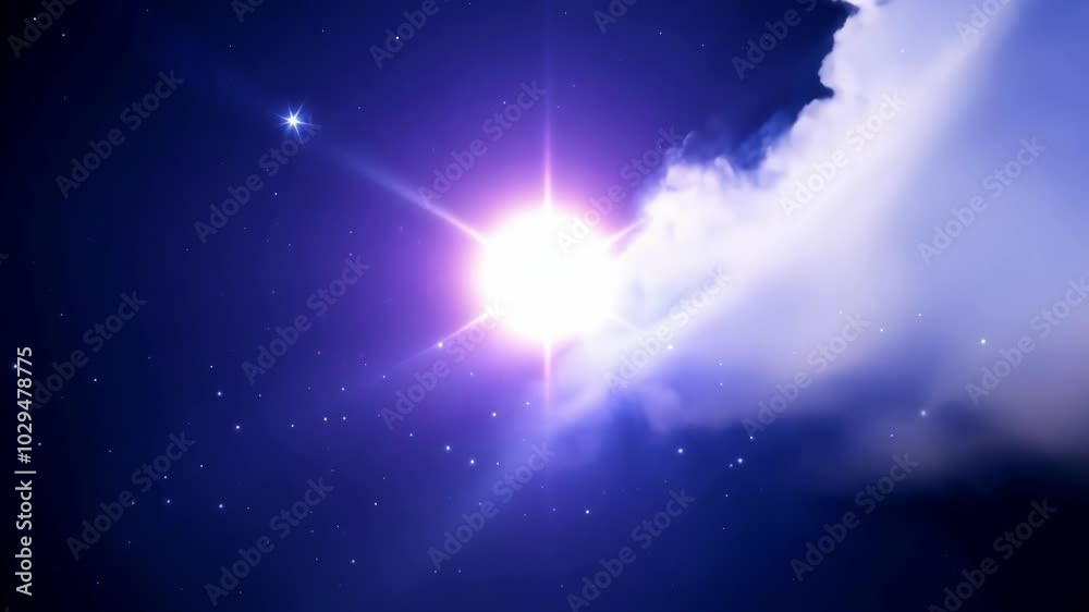 Poster bright star is shining in the center of the cosmos, surrounded by a multitude of smaller stars, crea