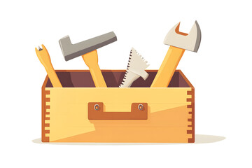 a carpenter&rsquo;s toolbox with a hammer, saw, and nails, isolated on a white background