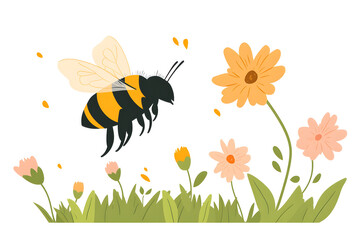 a bumblebee flying near a flower, with small wings buzzing, isolated on a white background 