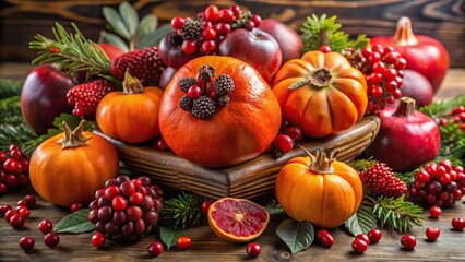 Red winter berry arrangement with pomegranate, persimmon, oranges, pumpkins