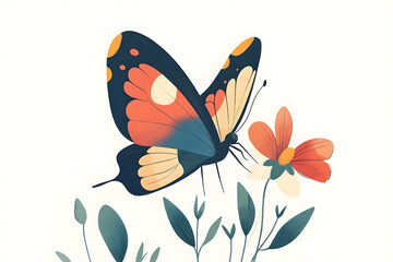 a butterfly with colorful wings, gently perched on a flower, isolated on a white background