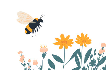 a bumblebee flying near a flower, with small wings buzzing, isolated on a white background 