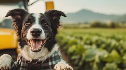 Fototapeta premium Delighted Border Collie enjoys a breezy ride on a yellow tractor amidst a verdant farm landscape, enhancing the cheerful and vibrant atmosphere of agriculture life.