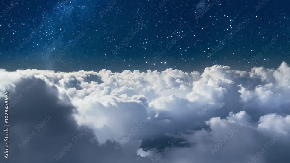 Poster the milky way galaxy is shining brightly in the night sky over a sea of clouds, creating a beautiful