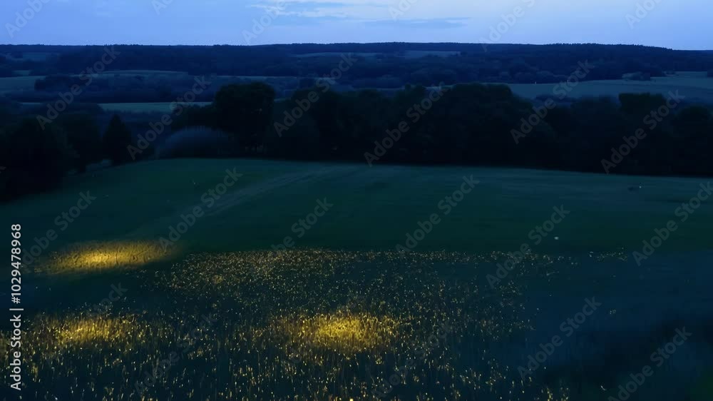 Aufkleber Fireflies are illuminating a green meadow at twilight, creating a magical and enchanting atmosphere. The rolling hills and distant forests add to the beauty of the scene