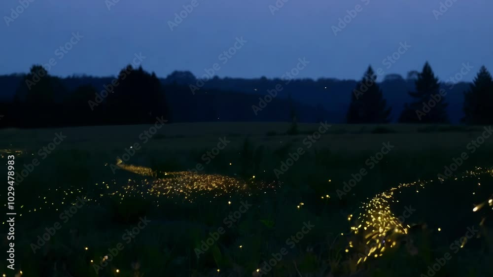 Aufkleber Field is illuminated by fireflies at twilight, creating a magical and enchanting atmosphere. The silhouettes of trees and a distant forest can be seen against the darkening sky