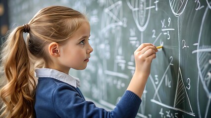 A girl child attentively solving math equations on a blackboard filled with complex formulas 