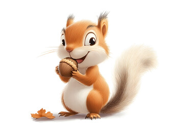 illustration of a squirrel holding an acorn, looking up with a smile, isolated on a white background