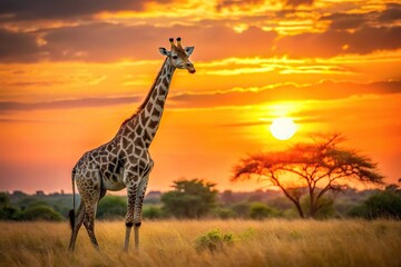 Obraz premium sunset savanna Africa giraffe meadow field