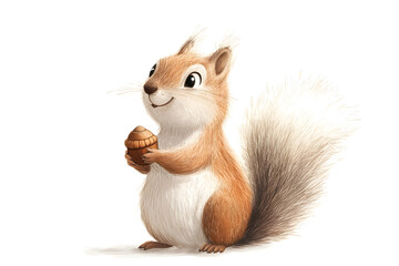 illustration of a squirrel holding an acorn, looking up with a smile, isolated on a white background