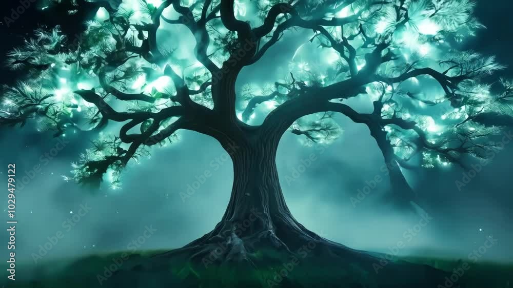 Poster Giant tree with glowing leaves is standing on a mysterious planet with green fog. The moon is shining in the background