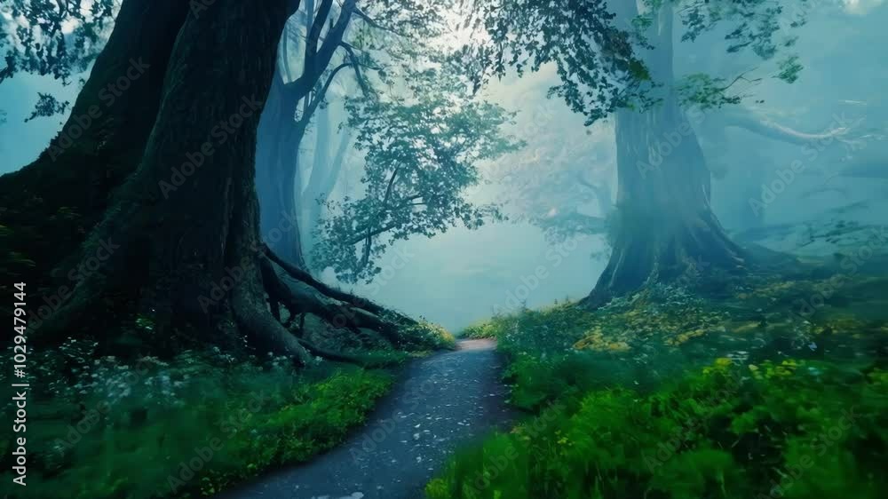 Aufkleber misty forest path glows in sunlight, creating a mystical atmosphere