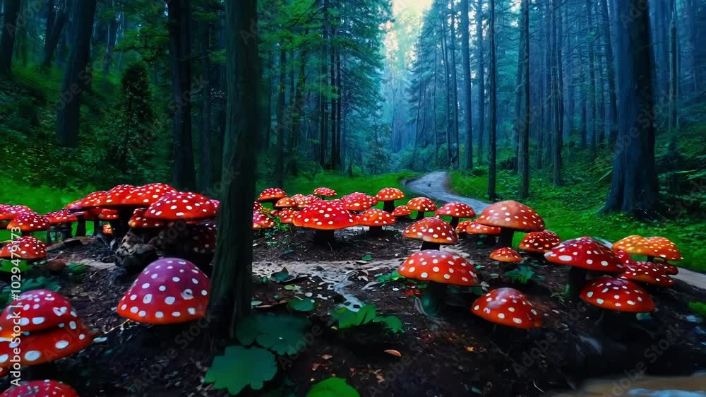 Aufkleber Winding dirt path through a magical forest with vibrant red mushrooms and lush greenery, creating an enchanted and whimsical atmosphere perfect for escaping into a world of fantasy and wonder