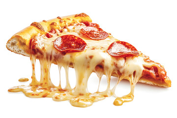illustration of a slice of pizza with melting cheese and pepperoni, isolated on a white background 