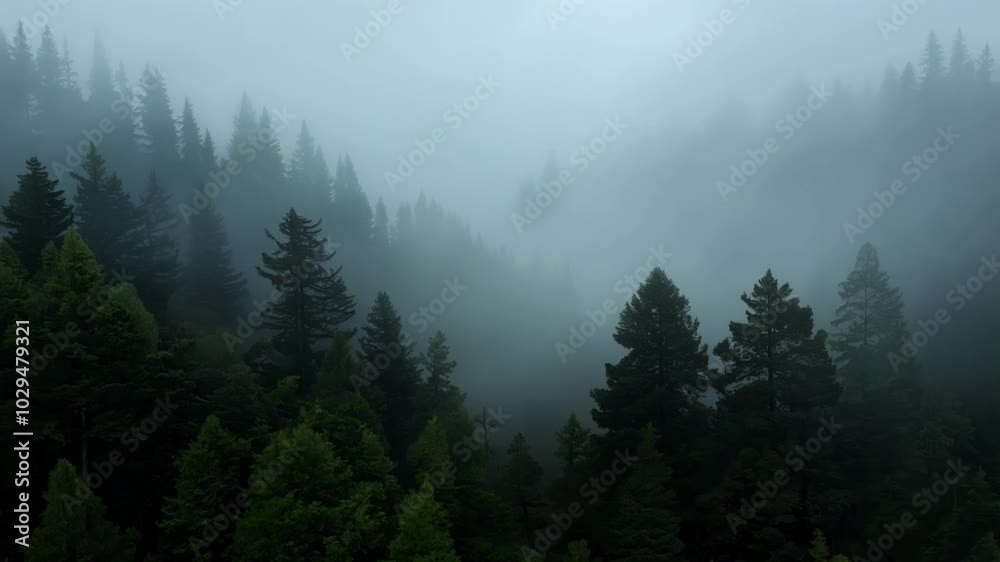 Leinwandbilder misty forest with dense evergreen trees, creating a mysterious atmosphere. the aerial view captures 