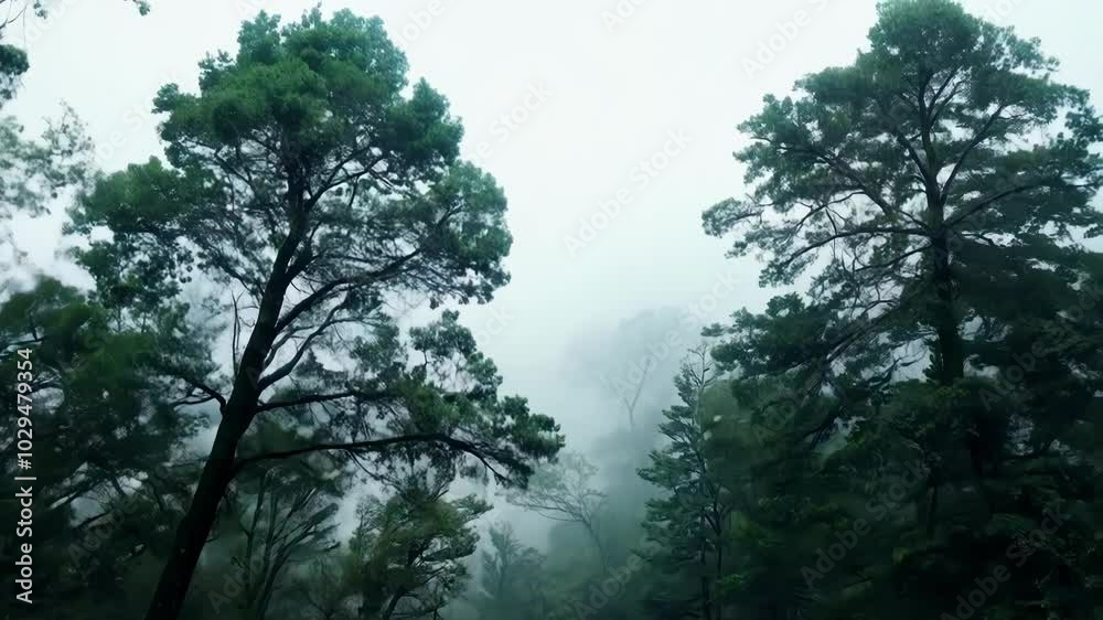 Poster Tall pine trees covered in fog create a serene forest scene on a cloudy day